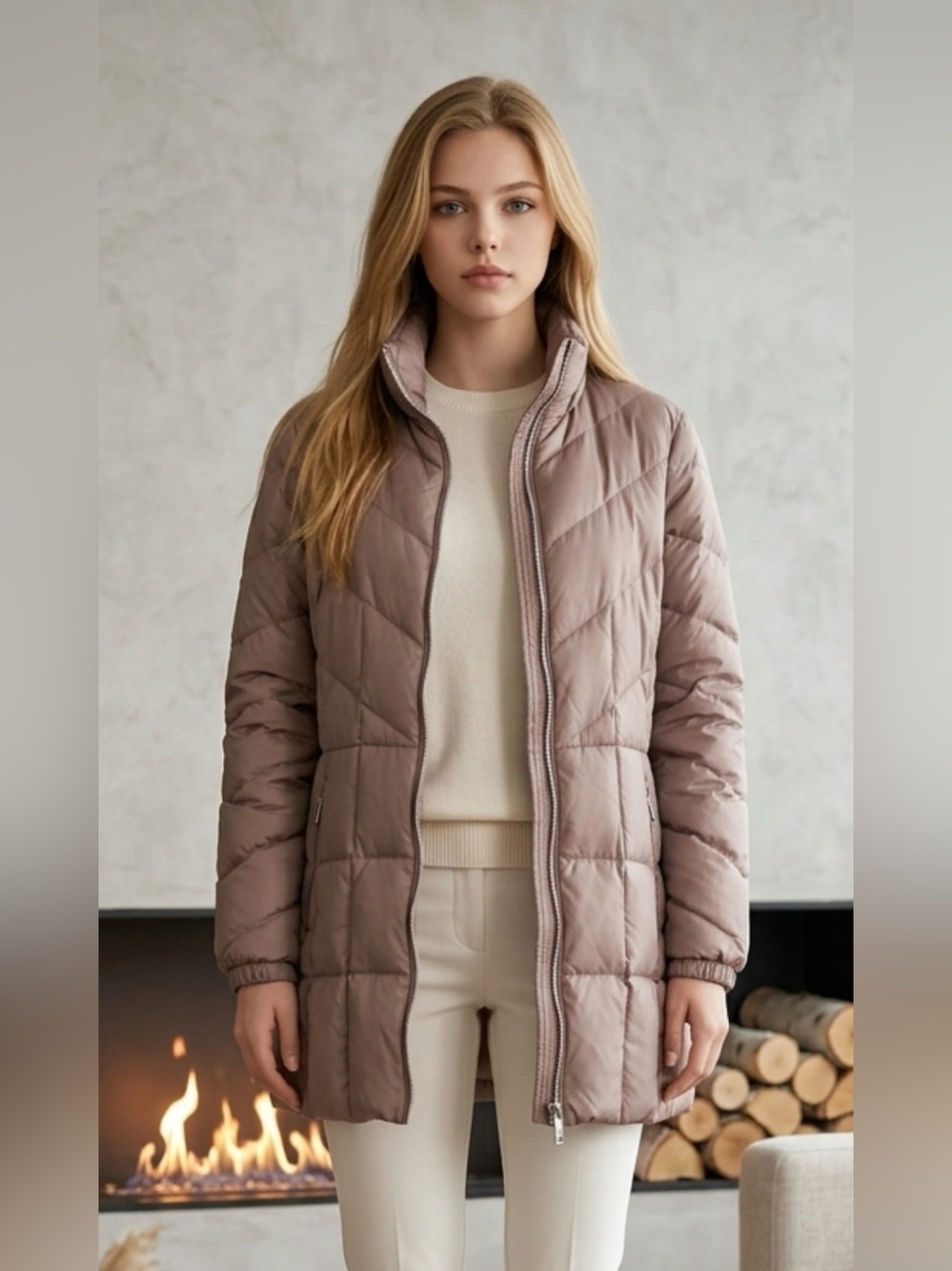 Long Quilted Puffer Coat in Light Taupe - Womens